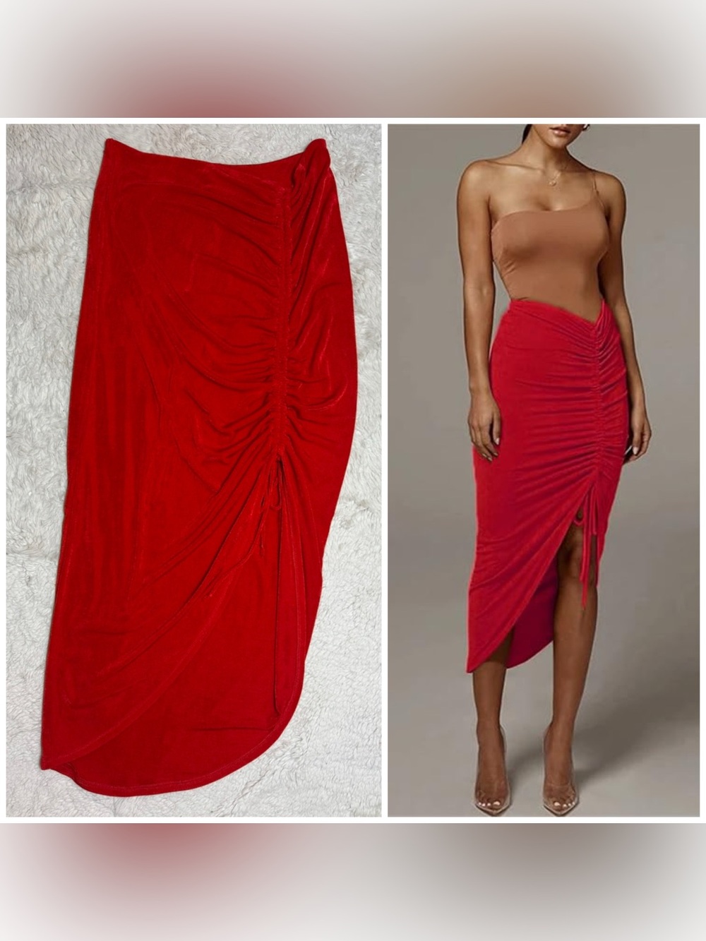 JLux Label Vibrant Red Ruched Asymmetric Drawstring Midi Skirt Size XXL NWT